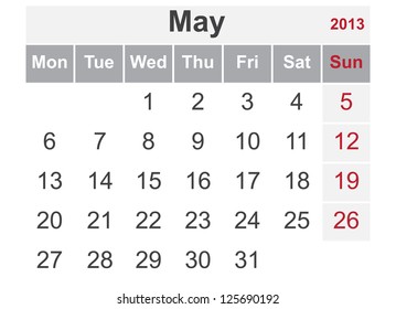 Simple calendar for May 2013 (week starts from Monday)