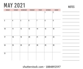 Simple calendar May 2021  with landscape template