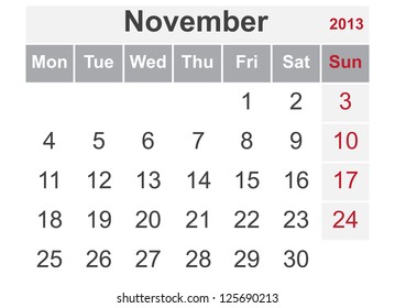 Simple calendar for November 2013 (week starts from Monday)