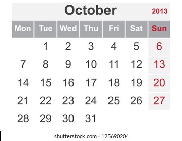 Simple calendar for October 2013 (week starts from Monday)
