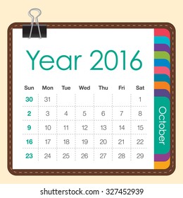 Simple calendar for October 2016