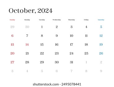 Simple calendar for October 2024