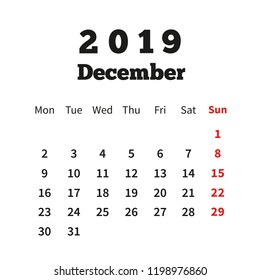 Simple calendar on december 2019 year with week starting from monday on white