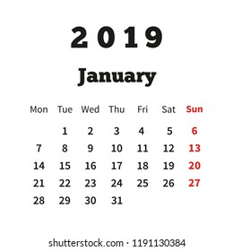 Simple calendar on january 2019 year with week starting from monday on white