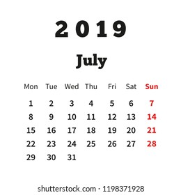 Simple calendar on july 2019 year with week starting from monday on white
