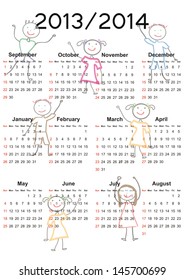 Simple calendar on new school year 2013 and 2014 with happy kids