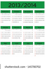 Simple calendar on new school year 2013 and 2014 in green color