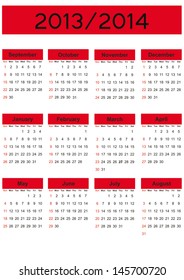 Simple calendar on new school year 2013 and 2014 in red color