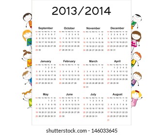 Simple calendar on new school year 2013 and 2014 with happy kids