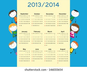 Simple calendar on new school year 2013 and 2014 with happy kids
