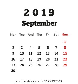 Simple calendar on september 2019 year with week starting from monday isolated on white