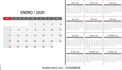 Simple calendar on Spanish2020 week start on Sunday. Template for planner design