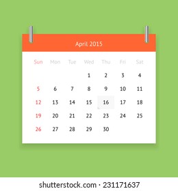 Simple calendar page for April 2015 on green background