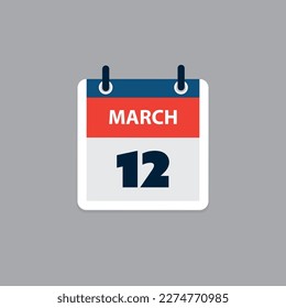 Simple Calendar Page for Day of 12 March - Banner, Graphic Design Isolated on Greray Background - Design Element for Web, Flyers, Posters, Útil para diseños realizados para cualquier evento programado, reuniones