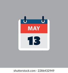 Página de calendario simple para el día 13 de mayo - Banner, Diseño gráfico aislado en fondo gris - Elemento de diseño para web, volantes, afiches, útil para diseños realizados para cualquier evento programado, reuniones