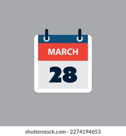 Simple Calendar Page for Day of 28th March - Banner, Graphic Design Isolated on Grey Background - Design Element for Web, Flyers, Posters, Useful for Designs Made for Any Scheduled Events, Meetings