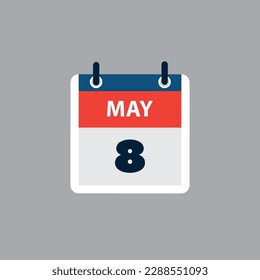 Simple Calendar Page for Day of 8th May - Banner, Graphic Design Isolated on Grey Background - Design Element for Web, Flyers, Posters, Useful for Designs Made for Any Scheduled Events, Meetings