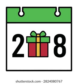 A simple calendar page icon showing the number 28 with a festive gift box in the center, representing a special holiday date or birthday celebration.