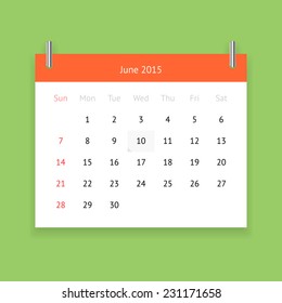 Simple calendar page for June 2015 on green background