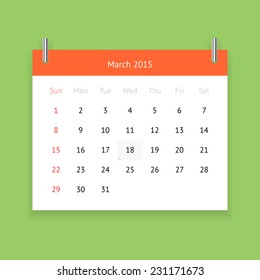 Simple calendar page for March 2015 on green background
