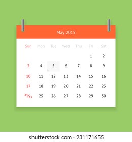 Simple calendar page for May 2015 on green background