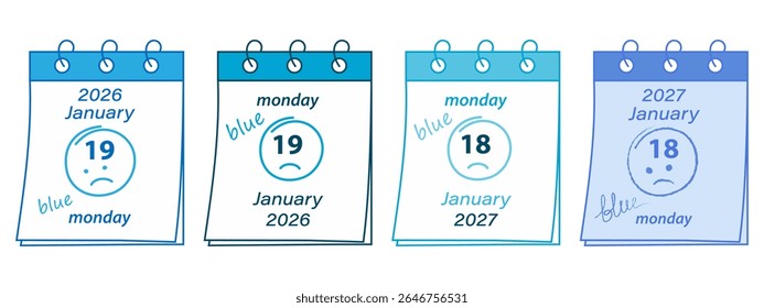 Simple Calendar page with Sad emoticon and Blue Monday Date in January 2026, 2027, 2028, 2029 Bundle - Powered by Shutterstock - Get 15% off with code: PIKWIZARD15