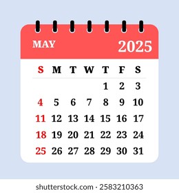 A simple calendar page showing the month of May in the year 2025. The design features a clean, minimalist style with a red header indicating the month and year. This digital calendar graphic is ideal 
