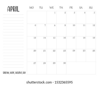 Simple calendar planner 2020 grid for April with lettering month name and motivation phrase "Dream, hope, believe, do".