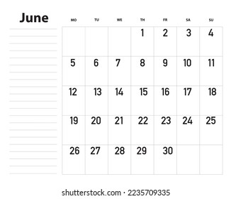 Simple calendar and planner 2023 for June with To Do List - printable.