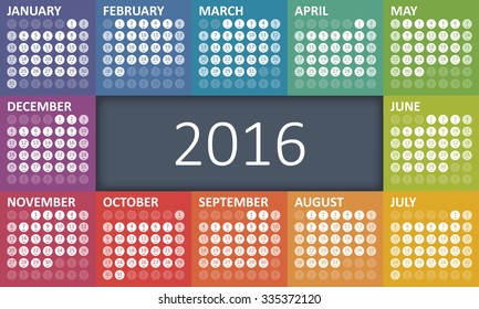 Simple calendar in rainbow colors for 2016. Week starts Sunday