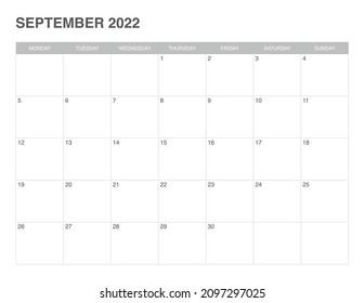 simple calendar september 2022 , start monday
