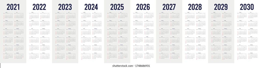 Simple Calendar Set For 2021 - 2030 Years. Simple Editable Vertical Vector Calender