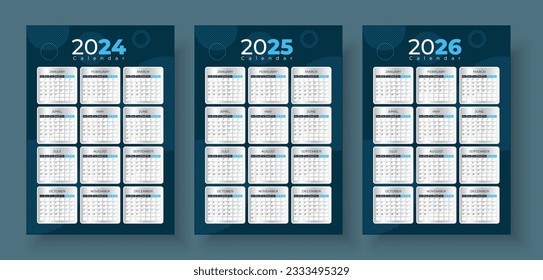 Calendario simple fijado para 2024, 2025, 2026 años. Calendador vectorial simple editable. La semana empieza el domingo