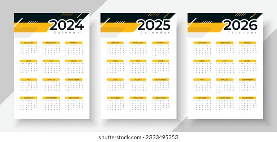 Simple calendar set for 2024, 2025, 2026 years. Simple editable vector calender. Week starts Sunday