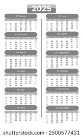 Simple Calendar Set for 2025 year