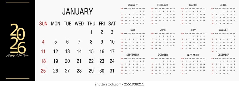 Simple calendar set for 2026 years. Simple editable horizontal vector calender