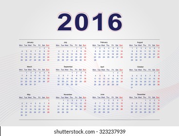 Simple calendar template for 2016