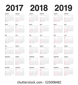 Simple Calendar template for 2017, 2018 and 2019