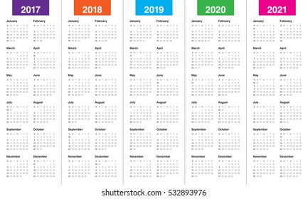 Simple Calendar template for 2017, 2018, 2019, 2020 and 2021
