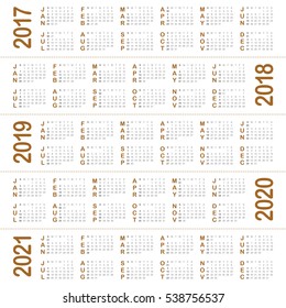 Simple Calendar template for 2017, 2018, 2019, 2020 and 2021