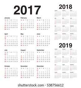 Simple Calendar template for 2017, 2018 and 2019