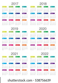 Simple Calendar template for 2017, 2018, 2019, 2020, 2021 and 2022