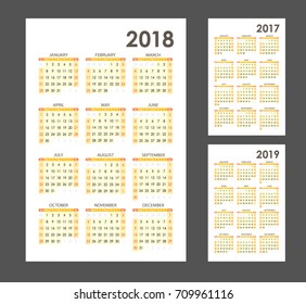 Simple Calendar template for 2017, 2018 and 2019. Week starts from Sunday.