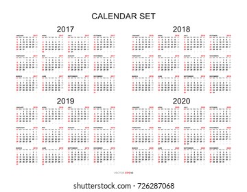 Simple Calendar template for 2017, 2018, 2019 and 2020. Vector illustration.