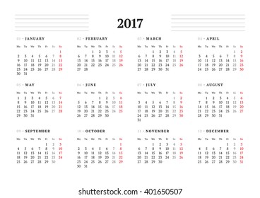 Simple Calendar Template for 2017 Year. Stationery Design. Week starts Monday. Vector Illustration