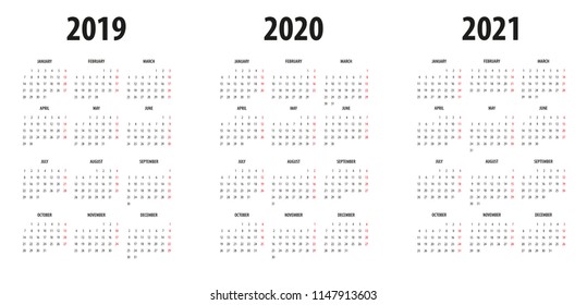 Simple Calendar template for 2018, 2019 and 2020 on White Background. Week starts from Sunday.