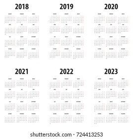 Simple Calendar template for 2018, 2019, 2020, 2021, 2022, 2023 on White Background. Week starts from Sunday.