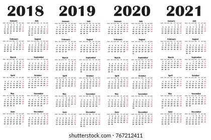 Simple Calendar template for 2018, 2019, 2020  and 2021