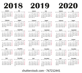 Simple Calendar template for 2018, 2019 and 2020