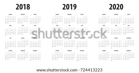Simple Calendar template for 2018, 2019 and 2020 on White Background. Week starts from Sunday.